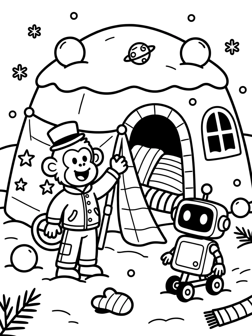 At a snow fort during a gentle snowball fight, a bouncy roller coaster conductor monkey discovers the joy of building a blanket fort shaped like a spaceship, while a tiny robot rolling along on training wheels watches happily nearby. It's a perfectly wonderful, magical moment.