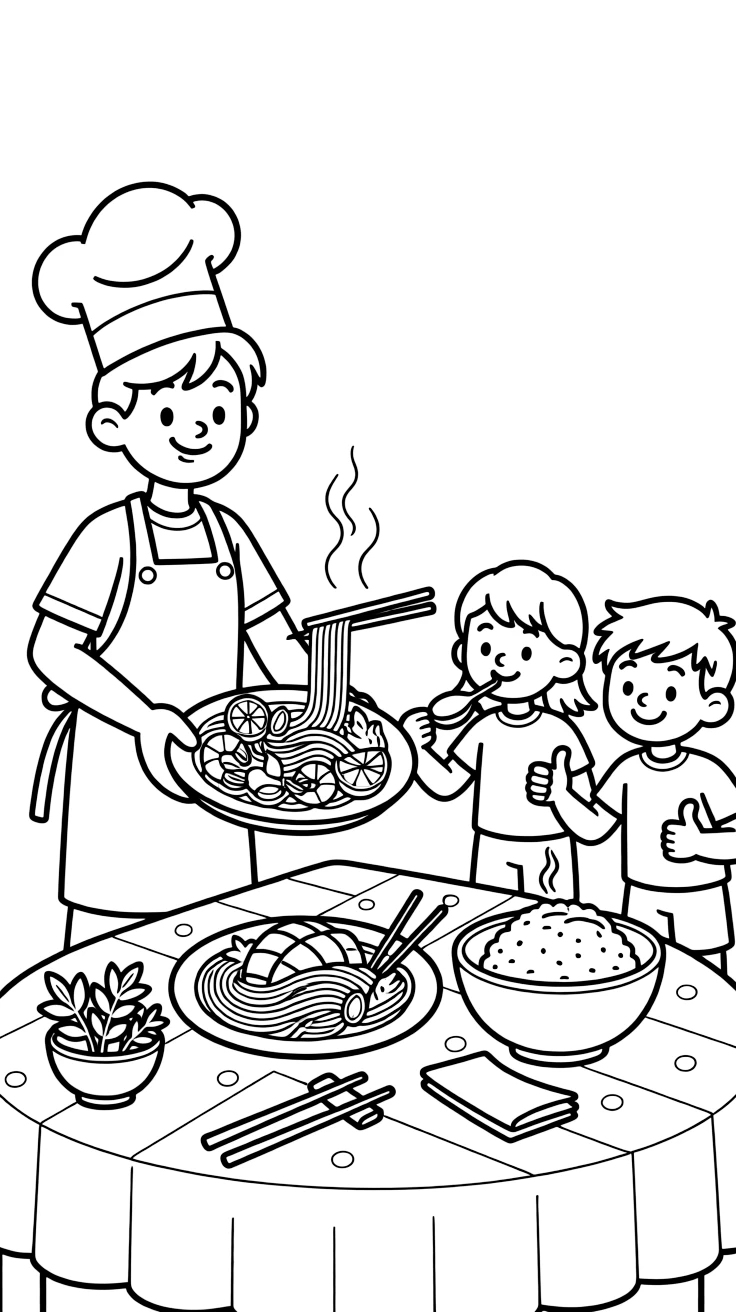 A coloring page of a happy cook in Thailand presenting a plate of pad thai noodles beside a bowl of mango sticky rice, with steam rising and cheerful helpers gathered around the table.