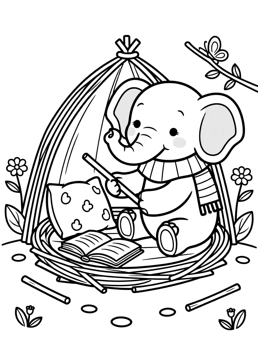 a cheerful a baby elephant builds a small nest-shaped fort out of twigs for reading time.