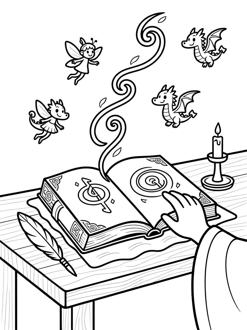 An ancient wizard's spellbook lies open on a wooden desk, its pages swirling with glowing symbols that float up and transform into tiny animated creatures.