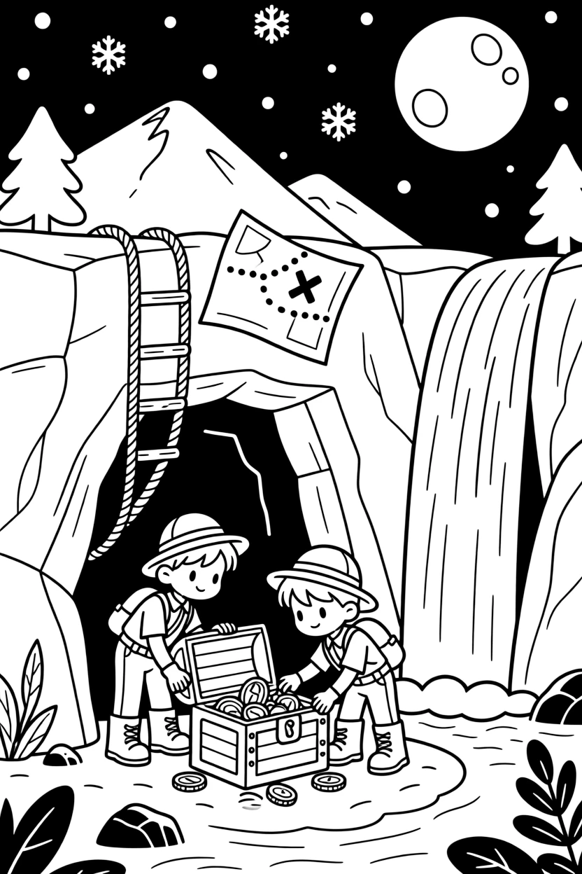 [Treasure Hunts] a pair of treasure hunters uncovering a chest hidden in a cave beside a waterfall hiding a secret passage. In the background, an old map with a dotted trail lies unrolled, adding extra fun to explore. A rope ladder dangles into the depths below. It all happens under a full moon, with snow gently falling.