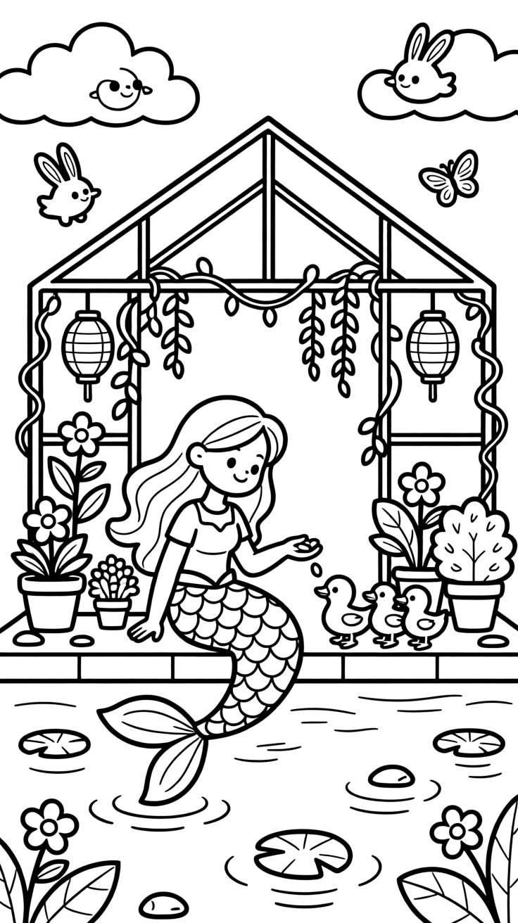 A mermaid girl with a glittering tail is feeding a family of ducks by the water's edge inside a greenhouse overflowing with blooming plants. fluffy clouds shaped like little animals and paper lanterns hanging from low branches add a sprinkle of wonder to the moment.