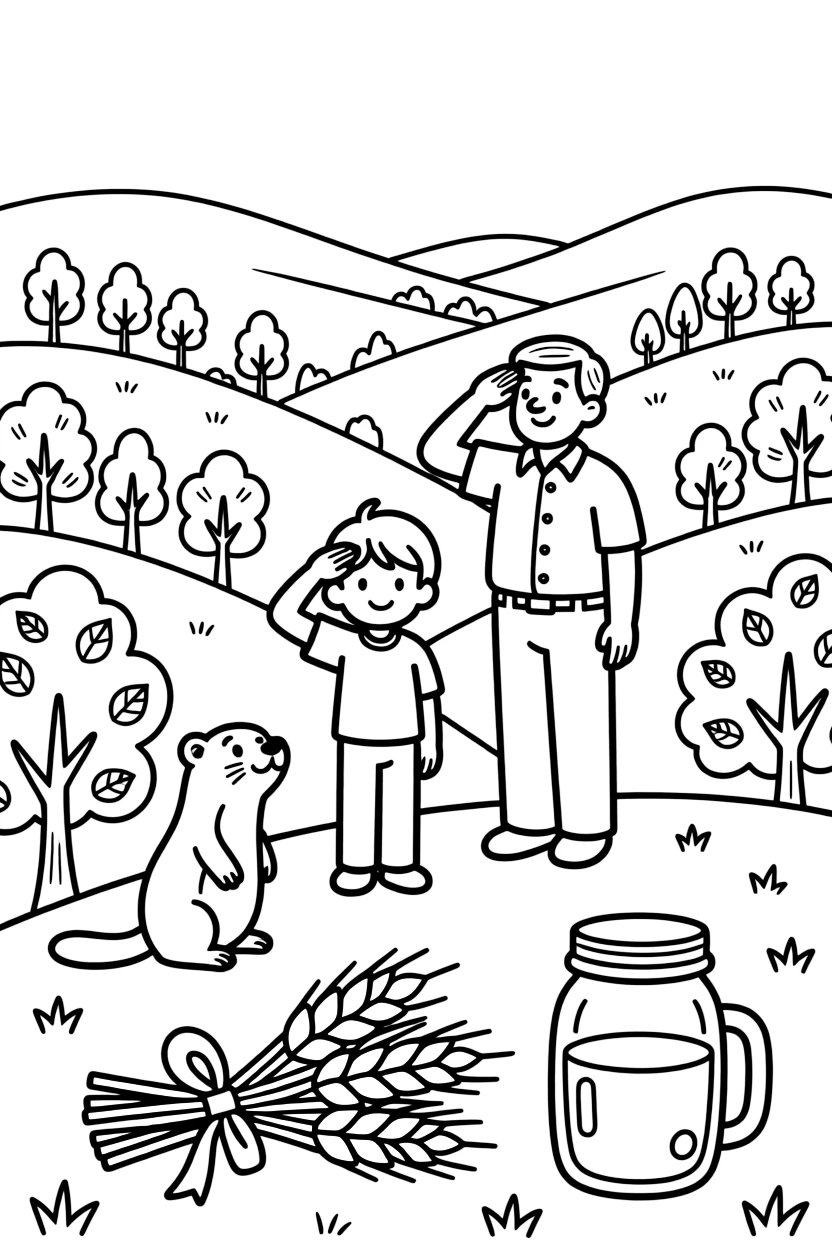 A child saluting beside a proud veteran on a hillside overlooking a valley of changing leaves, while a playful otter looks on nearby, a bundle of golden wheat stalks and a mason jar of cider completing the scene.