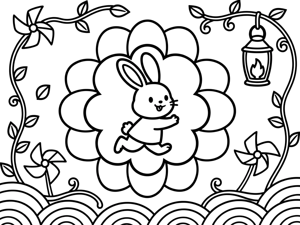 Woodland Animals: The main subject is a rabbit with long ears laid back in a happy hop, drawn as the focal point of a layered rosette mandala with overlapping round petals. It is placed dead center, with the surrounding rings mirrored perfectly across every direction. Decorative details fill the surrounding space, including swirling vine tendrils, rows of curling wave shapes, and pinwheel blades spinning in place woven throughout the background. A playful extra touch completes the page: a little lantern glowing softly in one corner of the pattern.