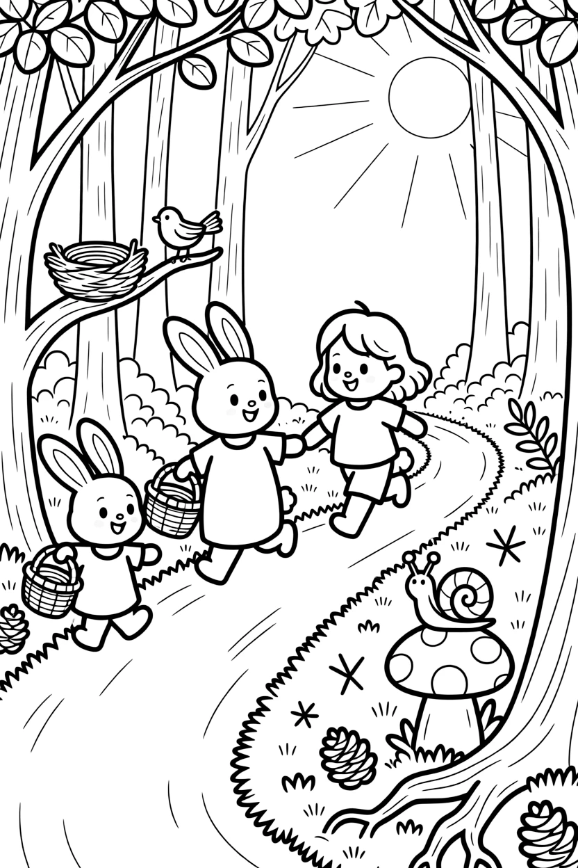 [Enchanted Forest] A cheerful family of rabbits hops along a winding forest trail, baskets in paw for a woodland picnic. Tiny birds build a nest in a low branch while a snail slowly climbs a nearby toadstool. Sunbeams stream through gaps in the canopy onto a carpet of moss, fallen pinecones, and curling roots. Soft afternoon light glows through the branches as fireflies begin to twinkle near the undergrowth.
