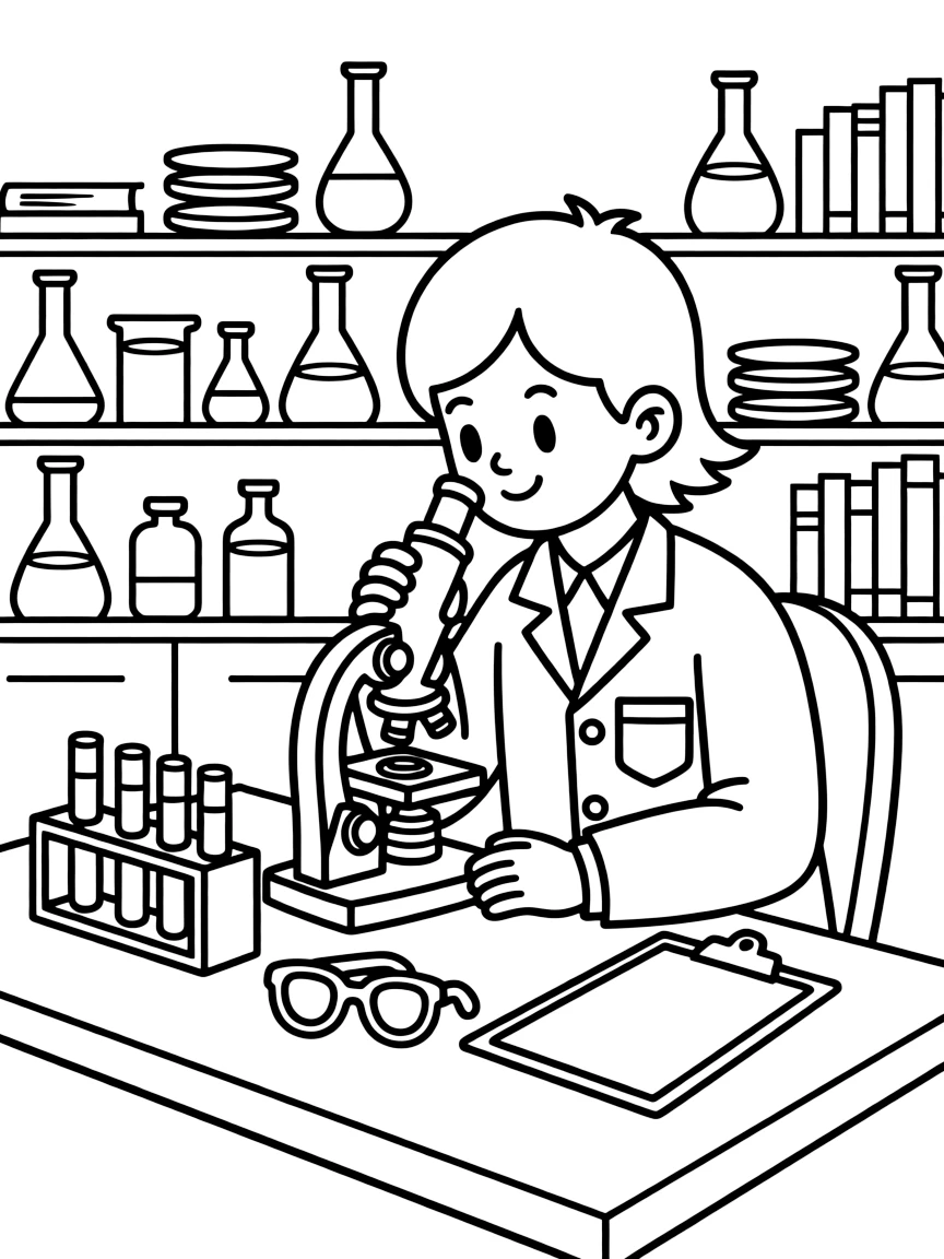 A lab technician peers through a microscope at a slide in a busy hospital laboratory.