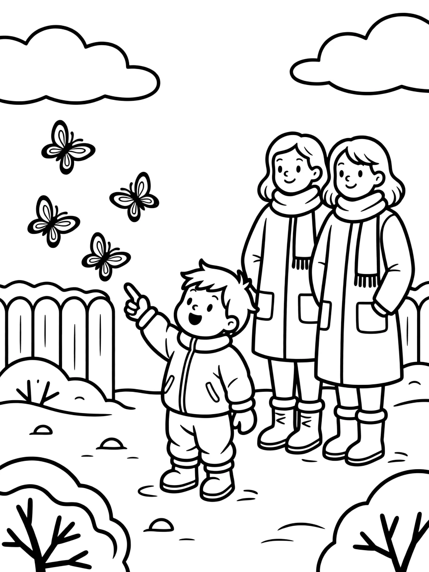 A wobbly toddler pointing at butterflies with two moms in a snowy front yard while fluffy clouds drift by.