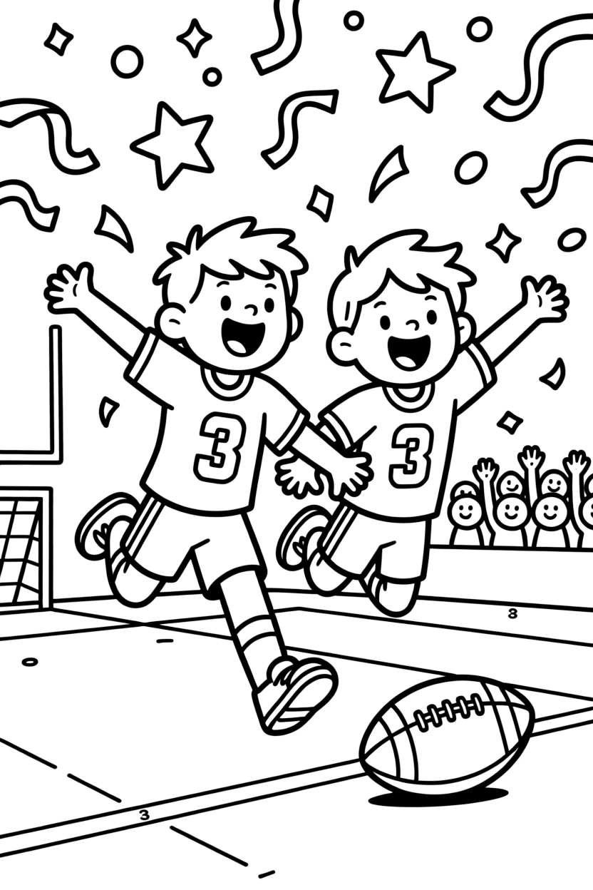 A pair of best friends, diving into the end zone for a game-winning touchdown as confetti bursts overhead.