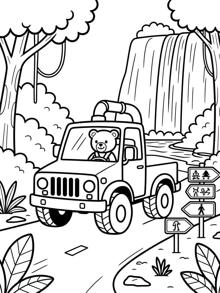 A jungle expedition truck with a snorkel exhaust pipe is shown journeying through a national park with towering waterfalls and rocky cliffs, with a teddy bear buckled safely into the passenger seat close by and road signs pointing toward fun destinations completing the lively scene.
