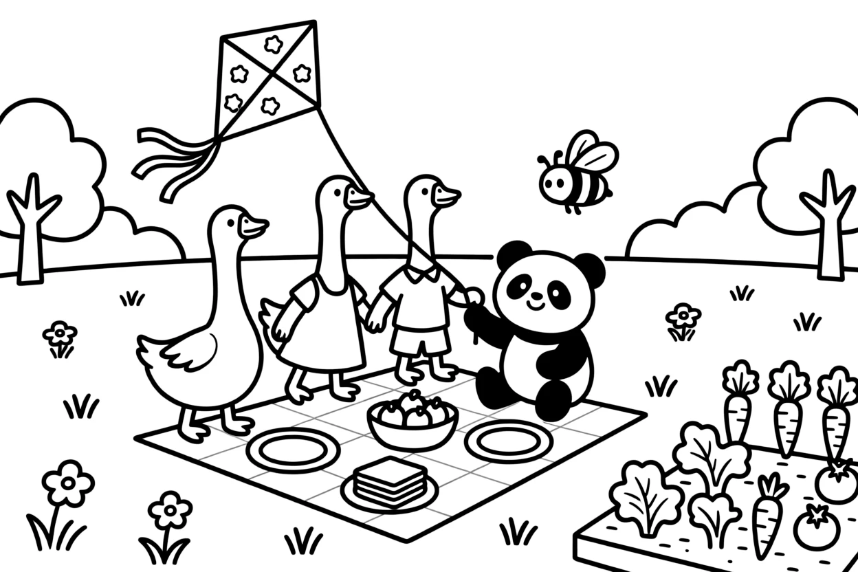A goose family at a picnic in the park, flying a kite with a panda cub, next to a vegetable garden, while a friendly bee buzzes past.