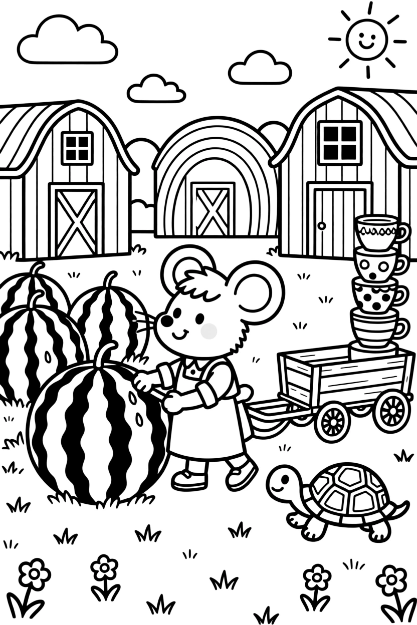 A round mouse tailor is growing a garden of giant, striped watermelons on a farm with rainbow-striped barns, joined by a cart pulled by a very determined turtle and a wobbly tower of stacked teacups. It's shaping up to be the happiest day in the whole kingdom.