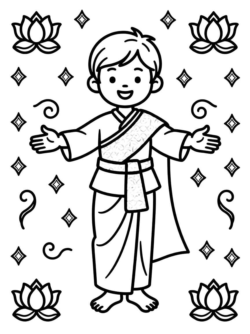 A coloring page portrait celebrating Thailand, showing a child wearing a silky traditional Thai outfit with a gold sash, standing proudly with arms outstretched and a warm smile, surrounded by simple decorative patterns.