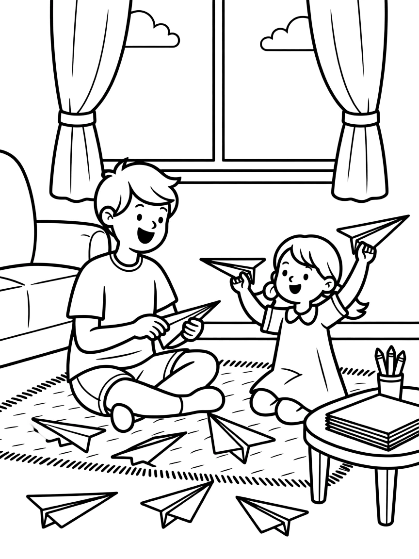 an excited older brother and his little sister designs a paper airplane, testing which fold flies the farthest across the room.