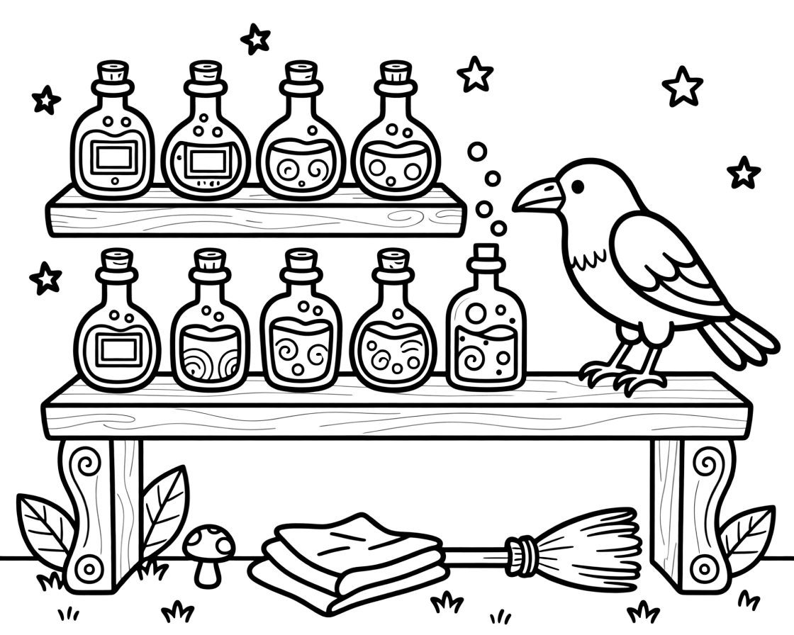 Rows of colorful potion bottles line a witch's shelf, each bubbling with a different swirling color, while a curious raven perches nearby knocking one over.