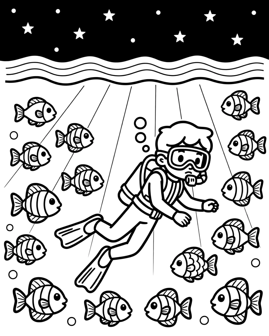 [Sea Creatures] a colorful school of tropical fish swimming alongside a diver in the deep blue open sea, concentrating hard with a focused expression, while rays of sunlight filter down through the water fills the surrounding area. Light beams filter down from the surface above. Set under a starry night sky, with a light breeze blowing, the page bursts with adventure and imagination.