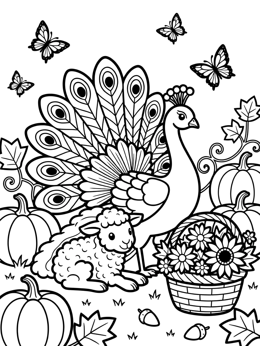 A colorful peacock fanning its tail is cuddling a newborn farm animal in a pumpkin patch on a crisp autumn day. a basket brimming with fresh flowers and fluttering butterflies drifting nearby complete the joyful scene.
