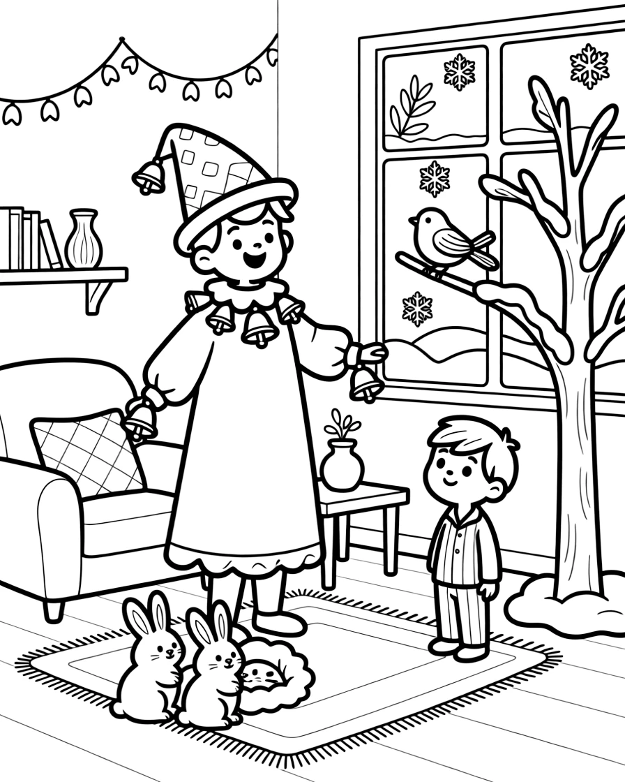 Bells jingling on a costumed reveler in a warmly lit living room with frost on the windows, while a curious little boy looks on nearby, a robin perched on a snowy branch and a family of snow-covered rabbits completing the scene.