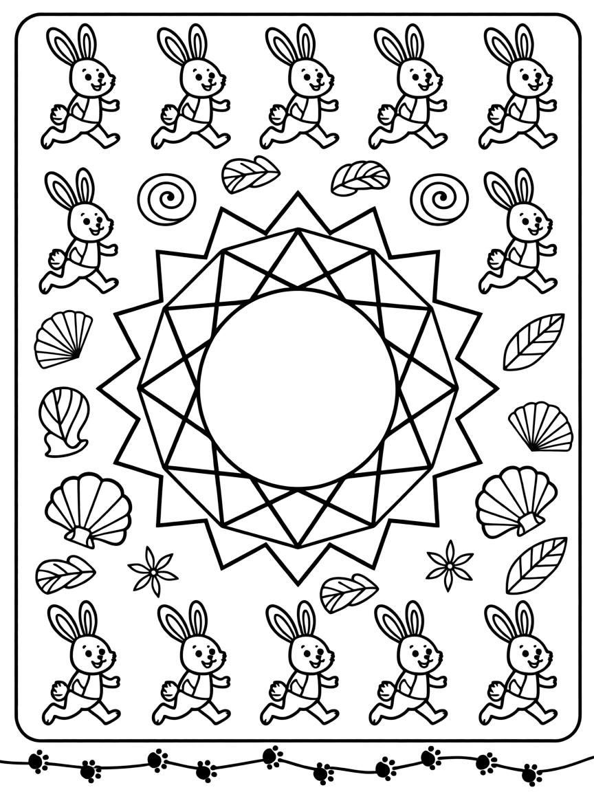 Woodland Animals: The page centers on a repeating motif of a rabbit with long ears laid back in a happy hop, built around a crystal-facet mandala built from angular repeating shapes. The motif is shown marching in a repeating row all the way around the border of the page, framing an open medallion left blank in the center. Decorative details fill the surrounding space, including tightly coiled spiral shells, fan-shaped feather clusters, and tiny pinwheel stars woven throughout the background. A playful extra touch completes the page: a trail of small paw prints wandering along the outer edge.