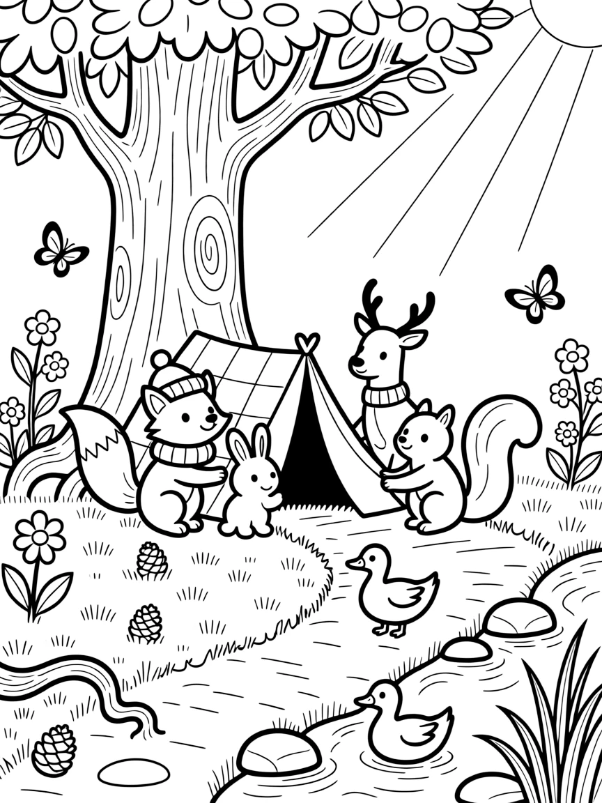 [Enchanted Forest] A group of woodland friends build a small blanket fort beneath the sprawling roots of an ancient oak. Butterflies flutter between wildflowers while a family of ducks waddles across the path toward a stream. Sunbeams stream through gaps in the canopy onto a carpet of moss, fallen pinecones, and curling roots. Golden late-day light streams between the trunks, casting long shadows across the winding trail.