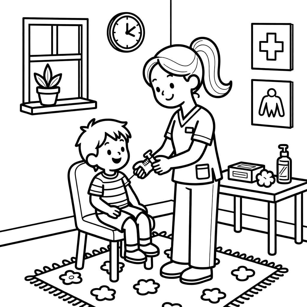 A public health worker gives a vaccine shot to a smiling child in a community clinic.