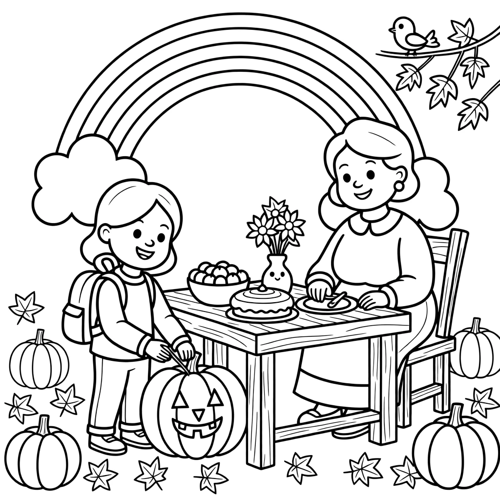 A girl with a backpack carving a jack-o-lantern during a Thanksgiving feast with a grandmother with a rainbow arching overhead.