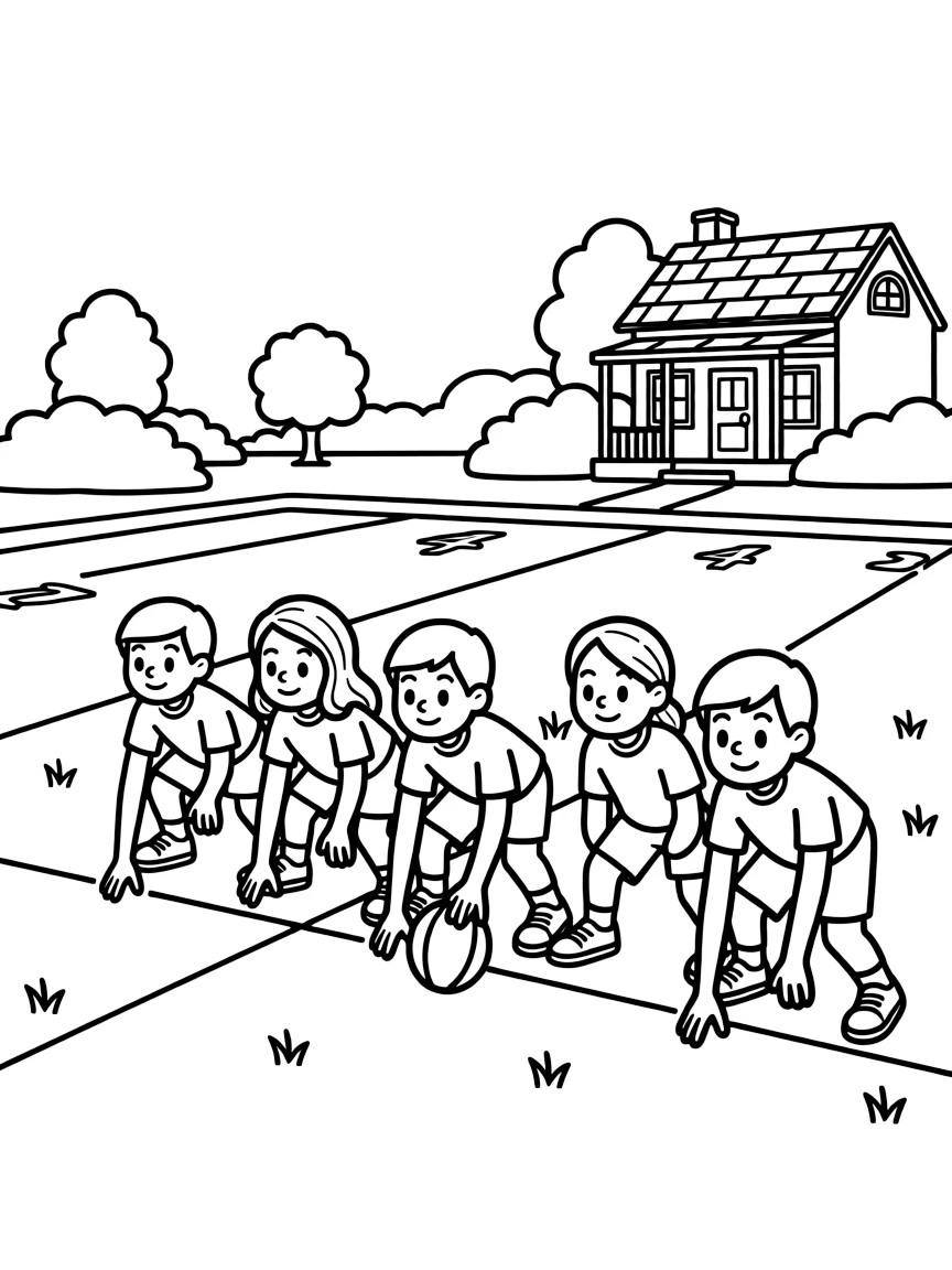 A team of neighborhood kids, lining up in a three-point stance on the line of scrimmage, ready to block.