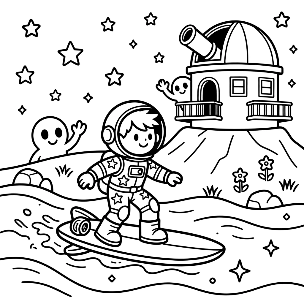 In a quiet observatory perched on a mountaintop under a starry sky, Star Scout Marbles, a young space explorer in a starry spacesuit riding a jet-powered surfboard across a sea of liquid starlight, while friendly aliens waving from nearby balconies adds to the excitement.