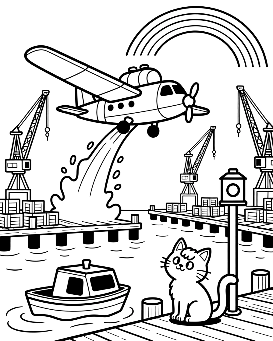 A coloring page featuring a wildfire fighting plane dropping a splash of water, traveling through a busy harbor lined with docks, cranes, and stacked crates, with a curious cat perched on the hood and a signal light blinking cheerfully and a rainbow arching across the sky filling the scene.