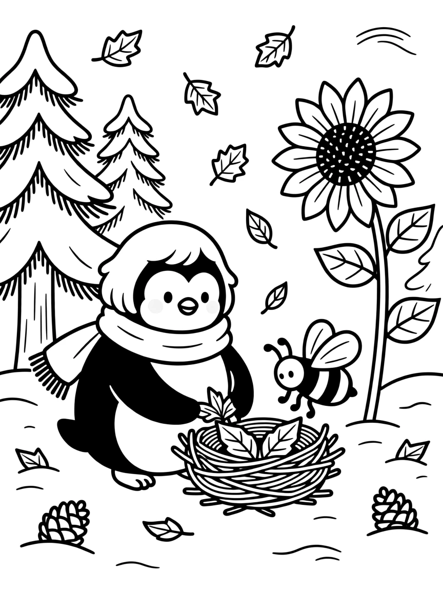 A chubby penguin building a tiny nest together with a bumblebee in a snowy pine forest, near a giant sunflower, as autumn leaves swirl in the wind.