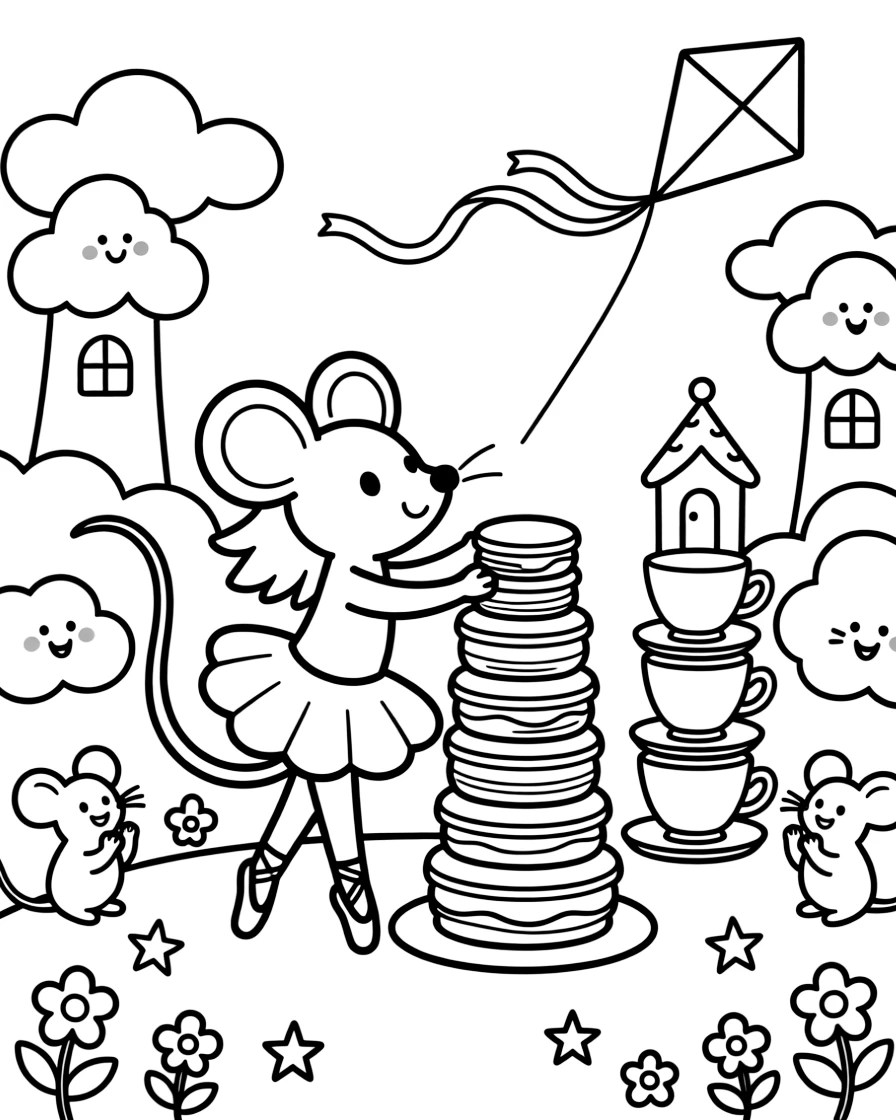 A curious music box ballerina mouse is stacking pancakes into a tower taller than a house in a cloud kingdom with fluffy white towers, joined by a kite tail fluttering with colorful ribbons and a wobbly tower of stacked teacups. Warm smiles and happy cheers fill the scene.