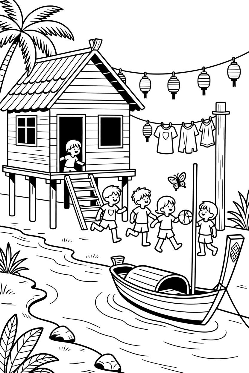 A coloring page featuring a stilted wooden house beside a river with a longtail boat tied nearby in Thailand, with children playing just outside the door and laundry or lanterns strung nearby.