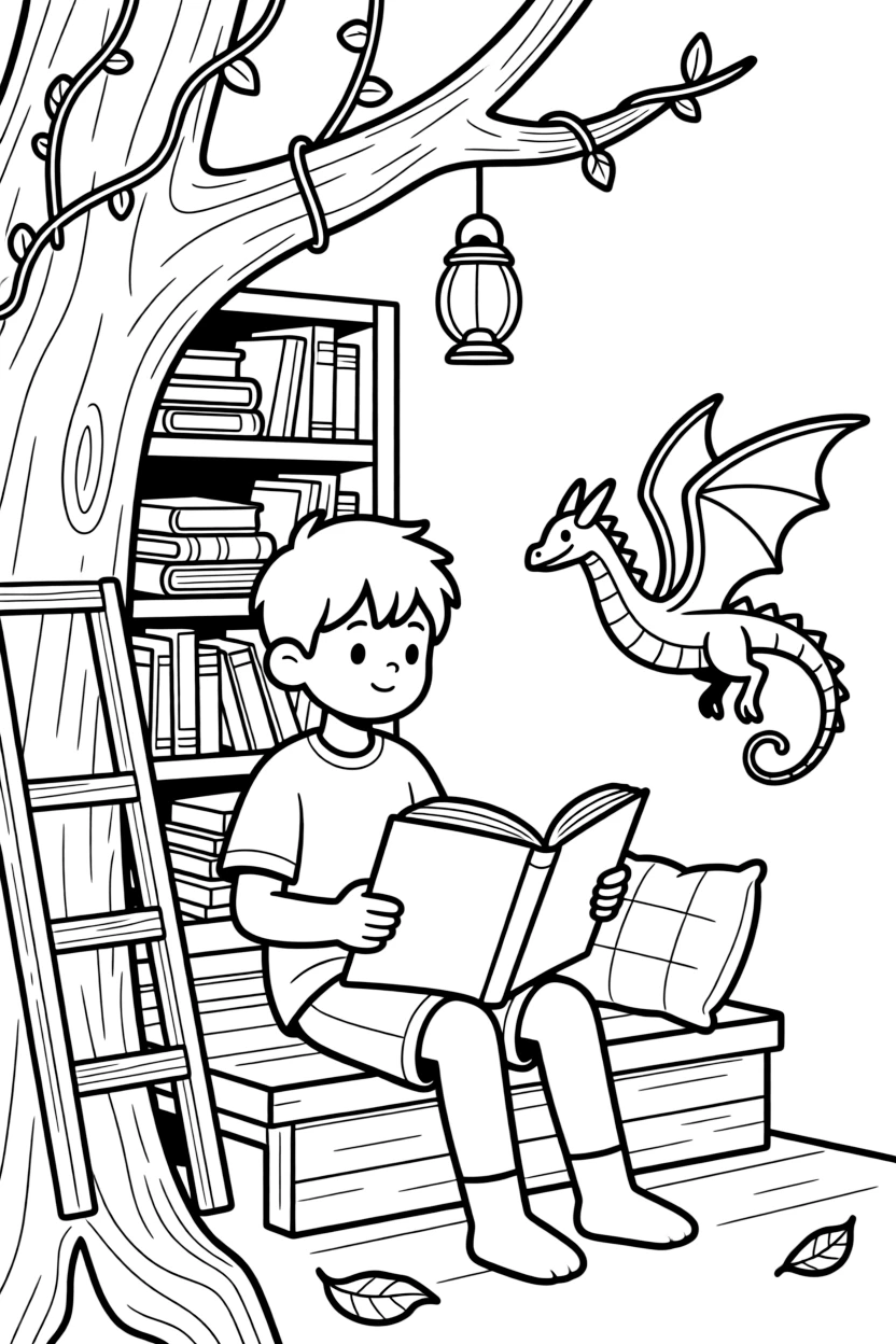a curious young boy sits in a treehouse library and flips through a giant storybook where a paper dragon seems to fly right off the page.