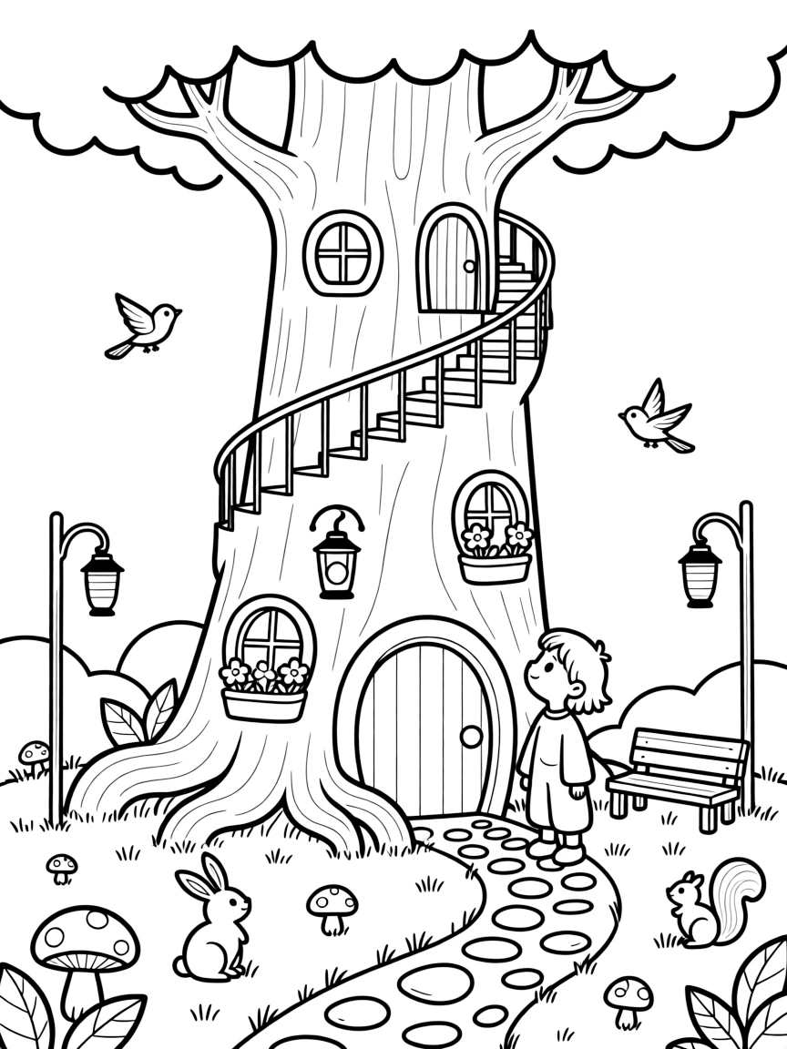A towering enchanted tree serves as an entire village, with spiral staircases wrapping its trunk and round doors leading to hobbit-like homes among the roots.