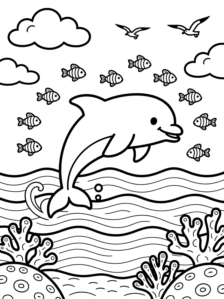 [Sea Creatures] a friendly dolphin leaping through ocean waves in the deep blue open sea, looking determined and brave, while a school of small fish swirls nearby fills the surrounding area. Coral formations add interesting shapes nearby. Set just after a rainstorm, with fluffy clouds drifting overhead, the page bursts with adventure and imagination.