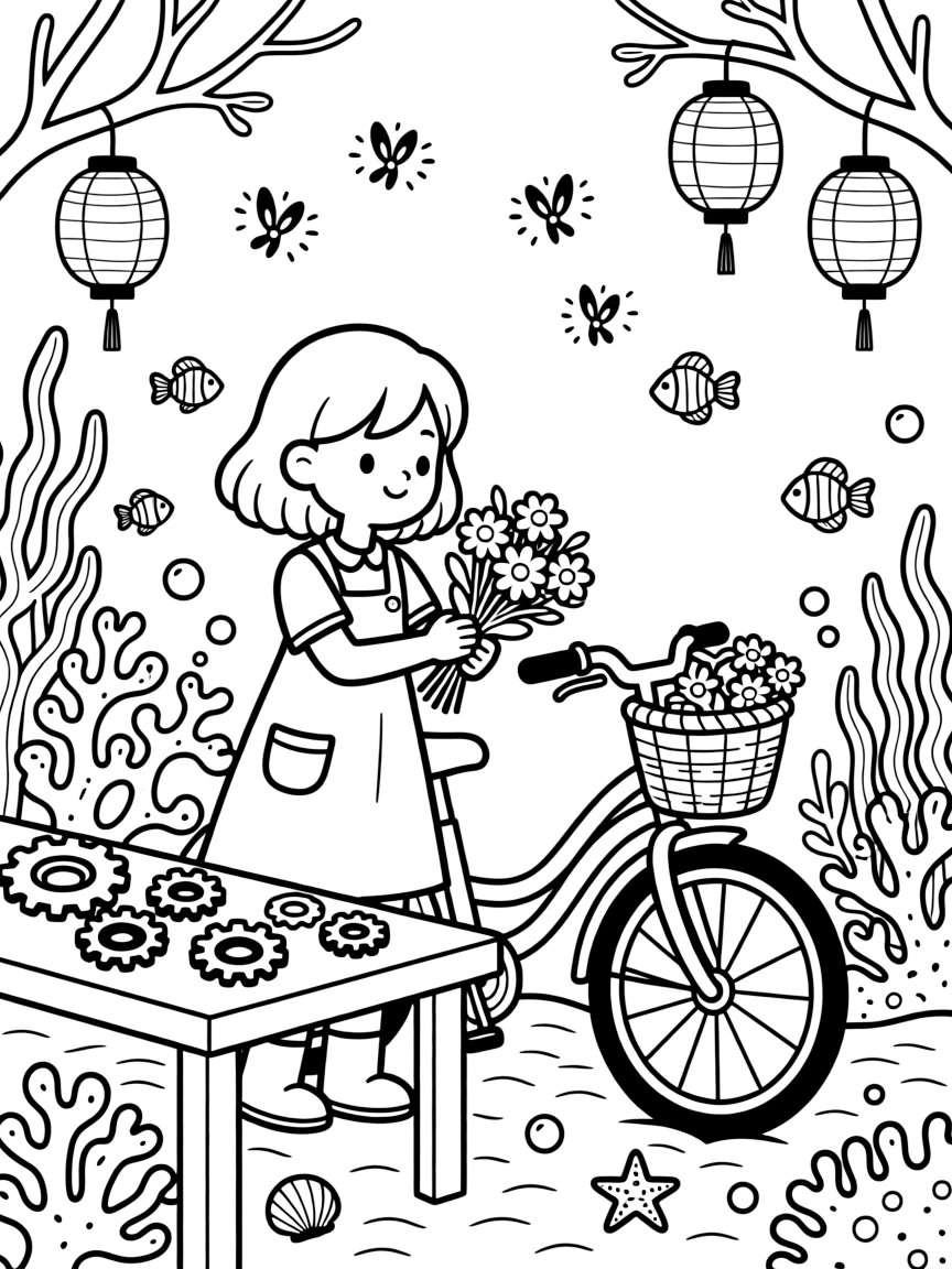 A girl inventor tinkering with gears is decorating a bicycle basket with flowers in an underwater coral reef full of colorful fish. twinkling fireflies rising into the air and paper lanterns hanging from low branches make the setting feel extra special.