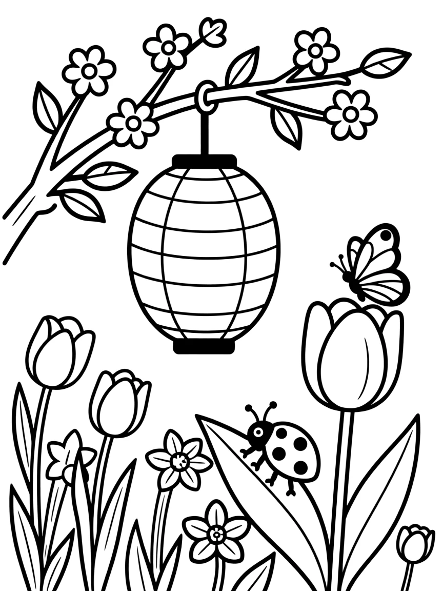 A close-up of a paper lantern hanging from a blossoming branch in a blooming garden full of tulips and daffodils, surrounded by a ladybug crawling on a leaf and a butterfly resting on a petal.