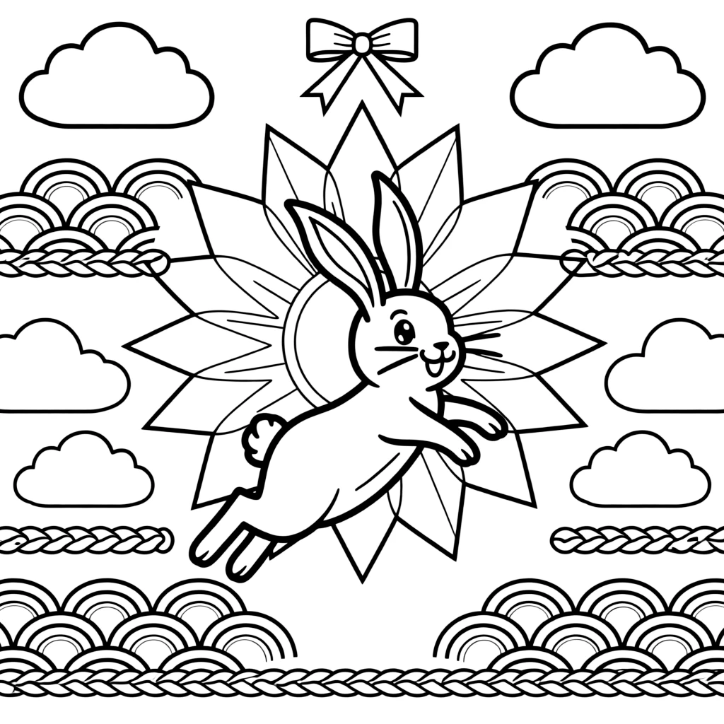 Woodland Animals: The page presents a small themed scene built around a rabbit with long ears laid back in a happy hop, tied together by a sunburst mandala with rays spreading evenly outward. The scene is placed in the center of a small symmetrical scene, with matching background details balanced evenly on both sides. Decorative details fill the surrounding space, including rounded puffy cloud shapes, rows of scalloped fan shapes, and bands of braided rope shapes woven throughout the background. A playful extra touch completes the page: a small ribbon bow tied neatly at the top of the design.