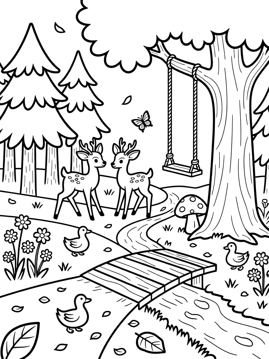 [Enchanted Forest] Two young deer play tag around a cluster of tall pine trees in a sunlit forest clearing. Butterflies flutter between wildflowers while a family of ducks waddles across the path toward a stream. The path winds past a giant oak tree with a rope swing, colorful toadstools, and a bubbling brook crossed by a small wooden bridge. A gentle breeze rustles the leaves overhead, scattering a few petals across the forest floor.