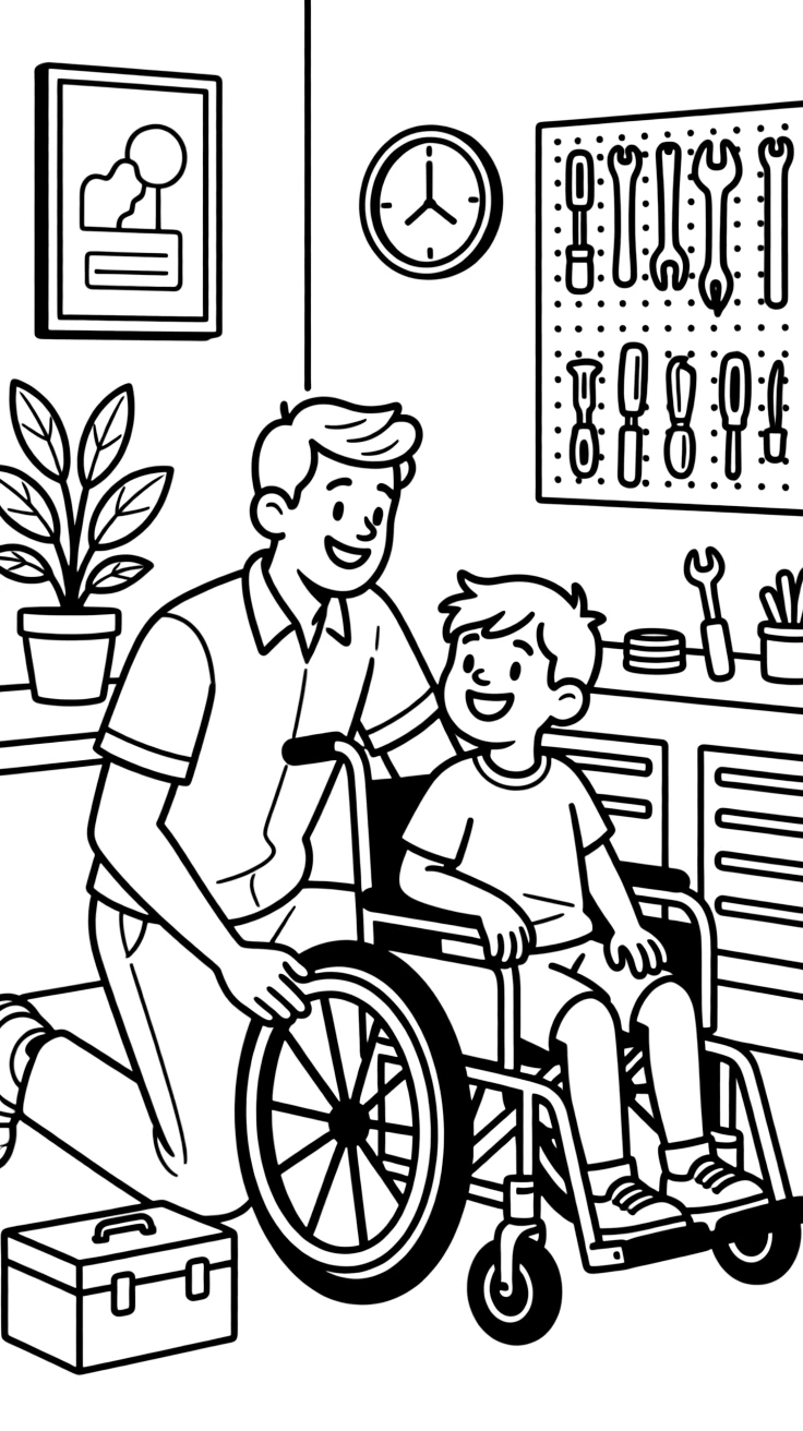 A wheelchair technician adjusts the wheels of a patient's new wheelchair in a repair shop.