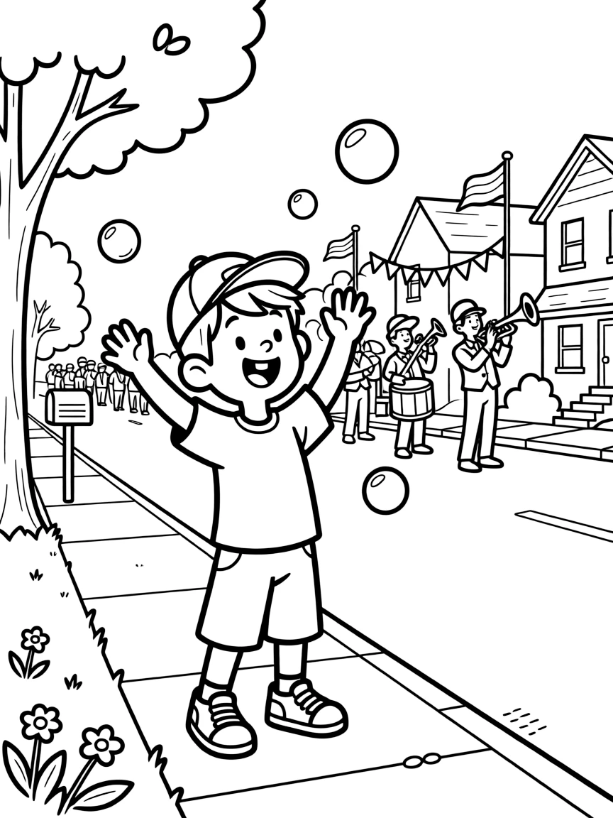 A boy with a missing front tooth cheering on a local sports team at a local parade as soap bubbles float upward.