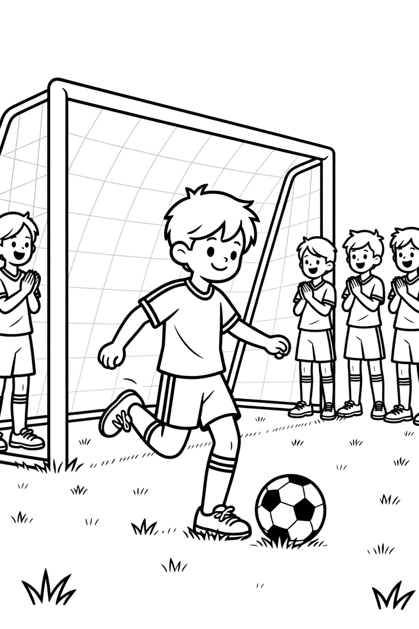 A shy new student, kicking a field goal through the uprights as teammates watch with hands clasped.