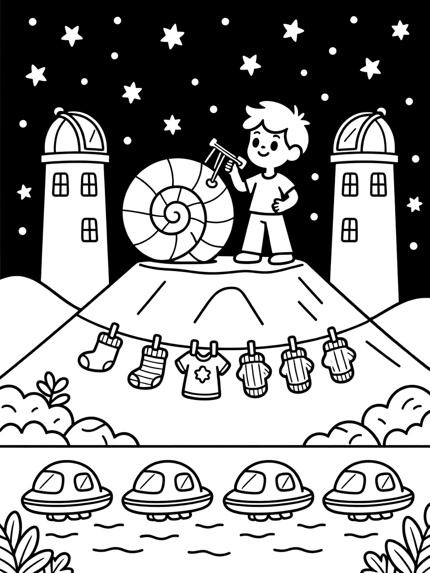 Zorb, an alien musician with a spiral shell body decorating a spaceship for an intergalactic festival in a quiet observatory perched on a mountaintop under a starry sky, as a line of laundry fluttering between two towers and a row of docked spaceships gleaming in the light fill the scene.