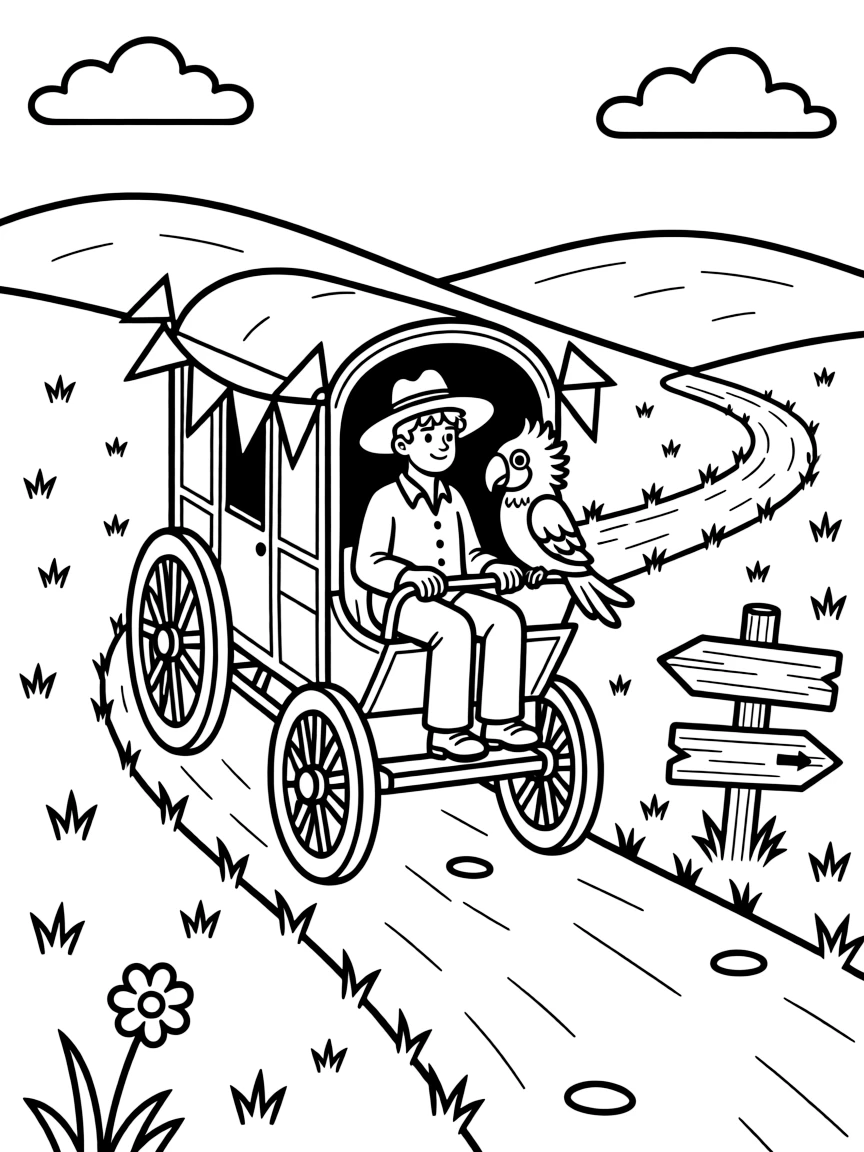 This page centers on a rickety stagecoach kicking up dust on a dirt trail exploring a quiet countryside road winding past rolling green hills, featuring a parrot perched on the captain's shoulder and little extras like an old wooden signpost pointing to faraway towns and colorful flags fluttering from every corner.