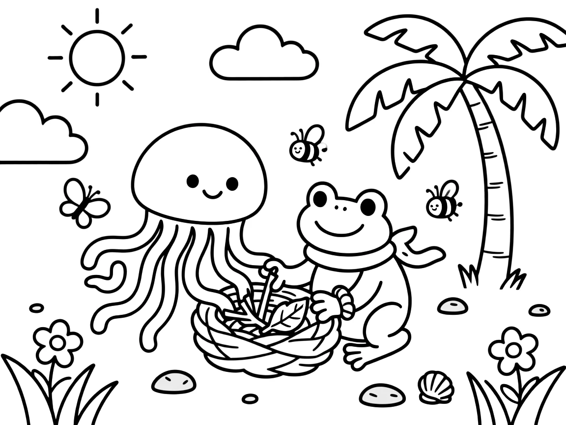 A jellyfish building a tiny nest together with a frog in a sunny meadow, near a tropical palm tree.