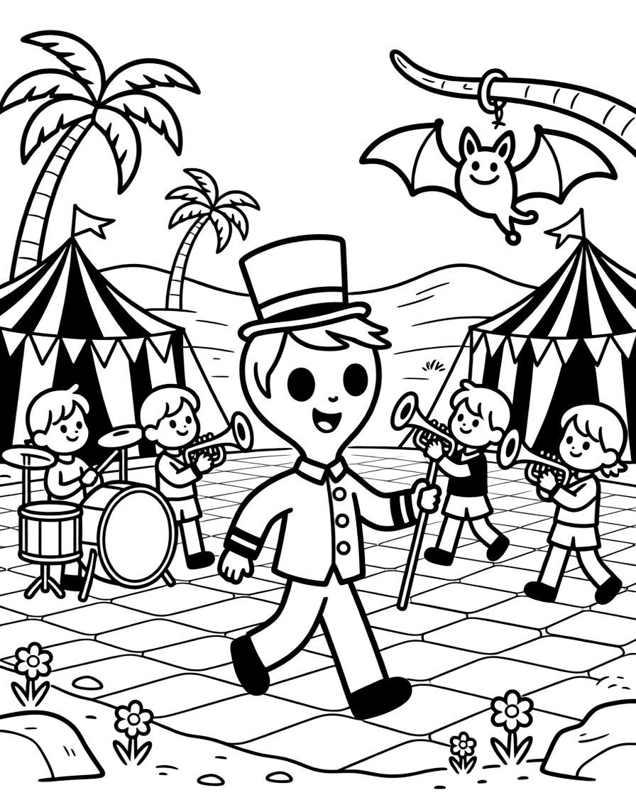 Curious and full of excitement, a three-eyed alien spends the day leading a marching band through the town square in a desert oasis ringed with striped tents. Nearby, a friendly bat hanging upside down nearby adds to the fun. It's shaping up to be the happiest day in the whole kingdom.