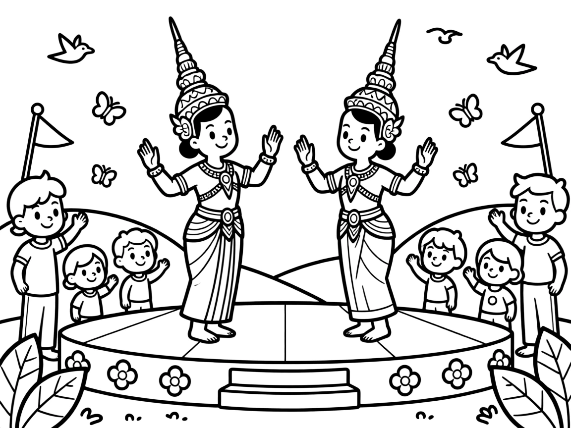 A coloring page capturing dancers with tall gilded headdresses performing graceful hand gestures from Thailand, set on an outdoor stage with cheerful onlookers waving and swaying along.