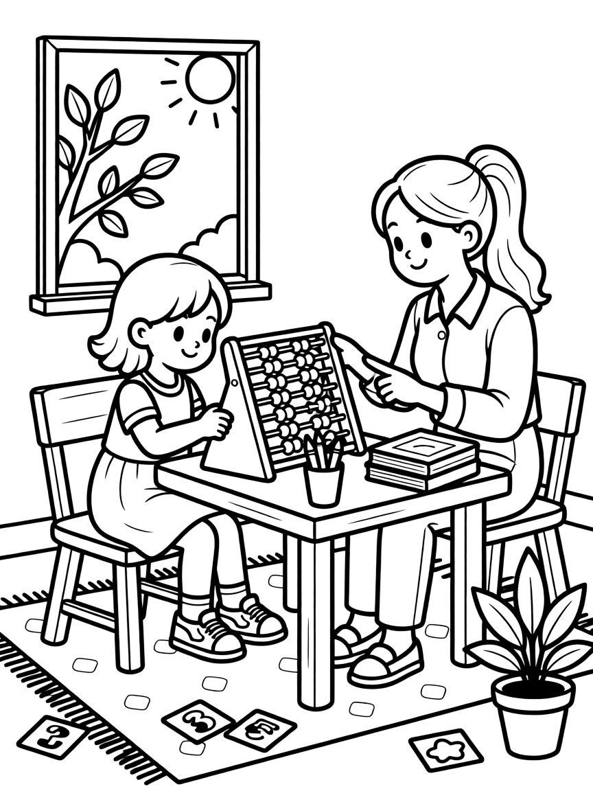 an adventurous little girl uses an abacus with colorful beads to count along with a friendly tutor.