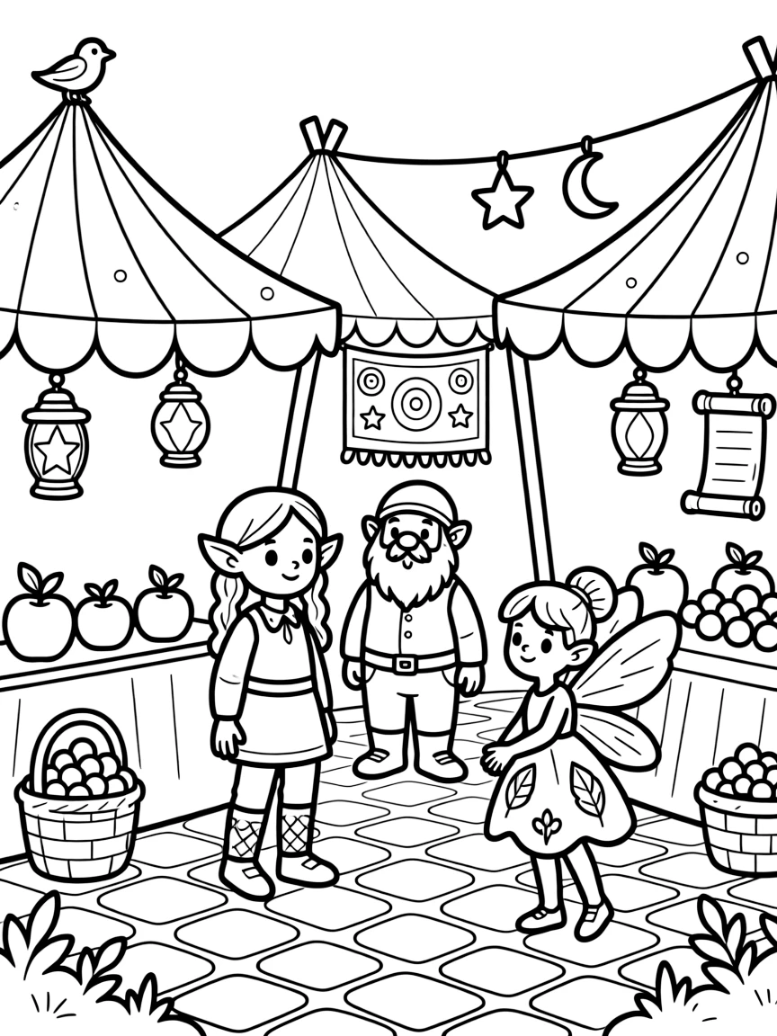 A mythical kingdom's marketplace bustles with elves, dwarves, and fairies trading enchanted fruits, glowing lanterns, and woven tapestries under colorful tents.