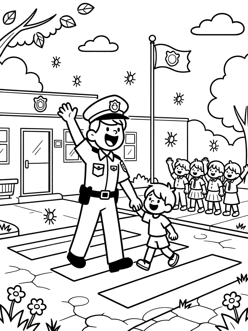[Police Officers] A dynamic scene shows a friendly police officer helping a child cross the street outside a police station, letting out a triumphant roar. Close by, children wave from the sidewalk. A friendly smile completes the scene. The moment unfolds in the late afternoon, with fireflies beginning to glow, filled with energetic detail perfect for a young colorist.