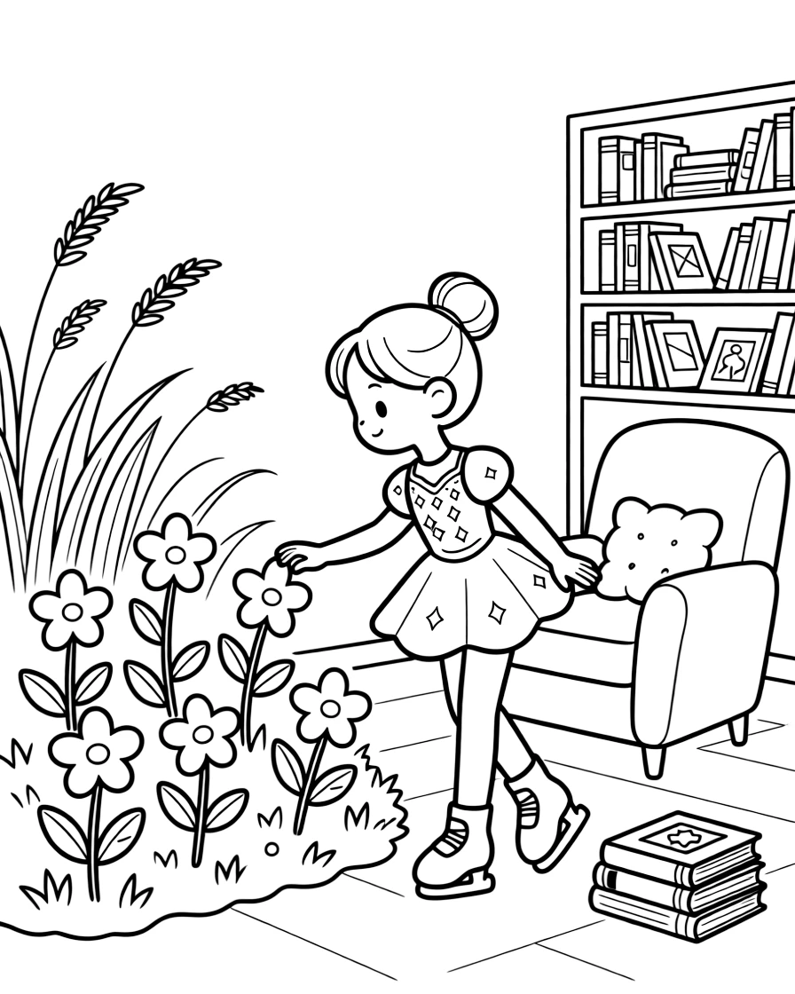A girl figure skater in a sparkly costume is tending a garden of glowing enchanted flowers in a quiet library reading nook. Just beyond, a gentle breeze rippling through tall grass and a stack of well-loved picture books nearby fill the page with charm.